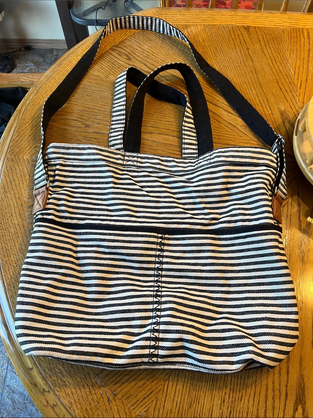 thirty-one Black & White Striped Canvas Tote with Adjustable Strap